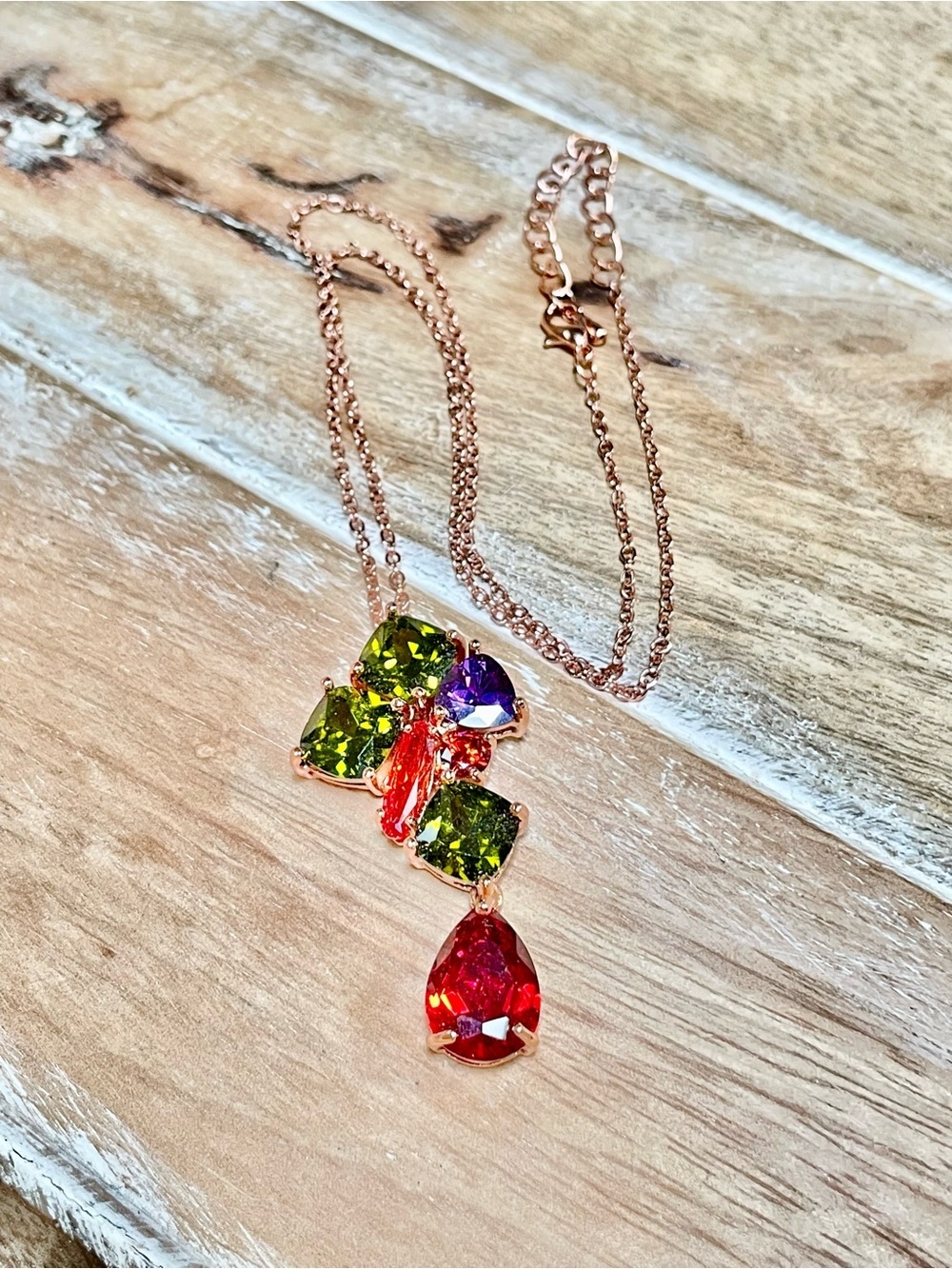 Rose Gold Multicolor Crystal Pendant Necklace - Vibrant Red, Green, Purple